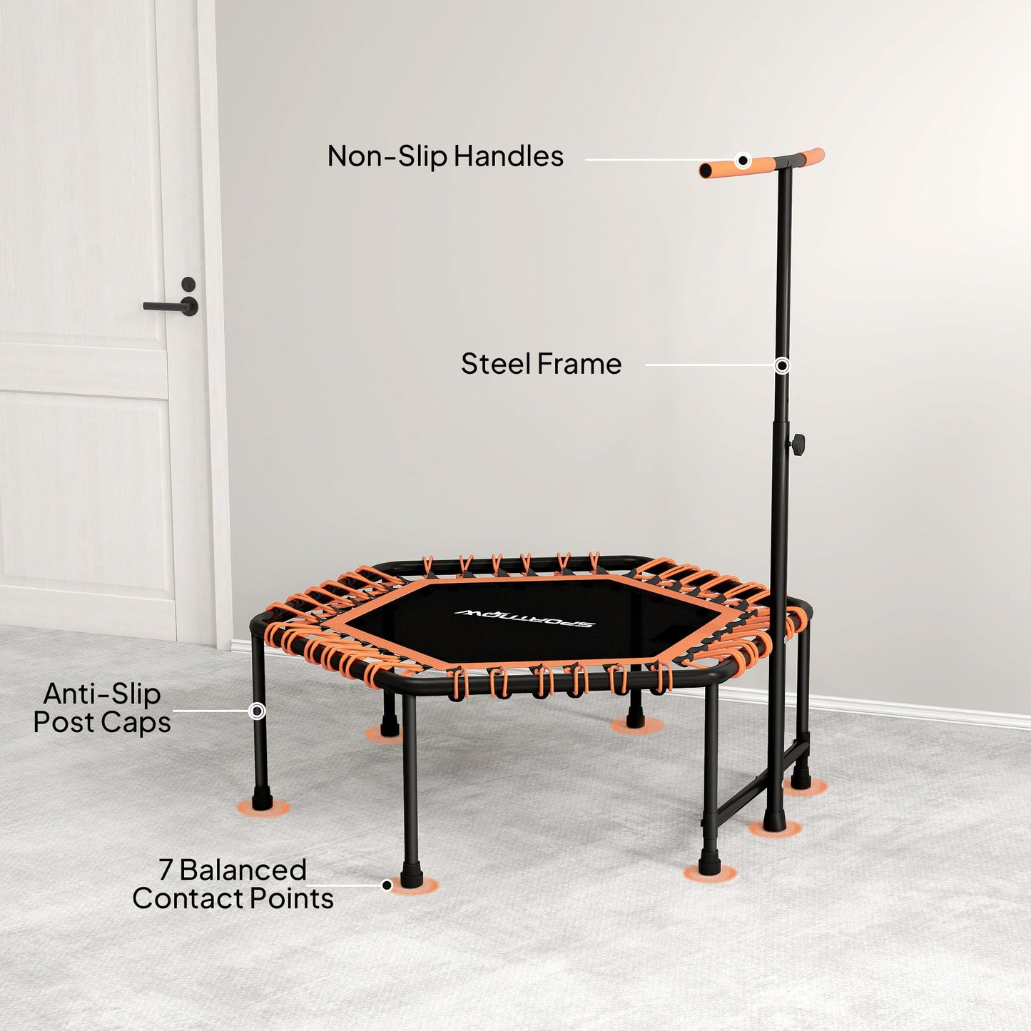 SPORTNOW 45" Rebounder Trampoline for Adults, Quiet Bungee Rebounder with LED Lights and Adjustable Handle, Orange