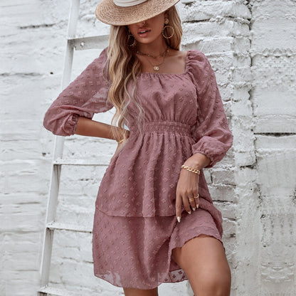 Women's Fashion Square Neck Backless Jacquard Dress