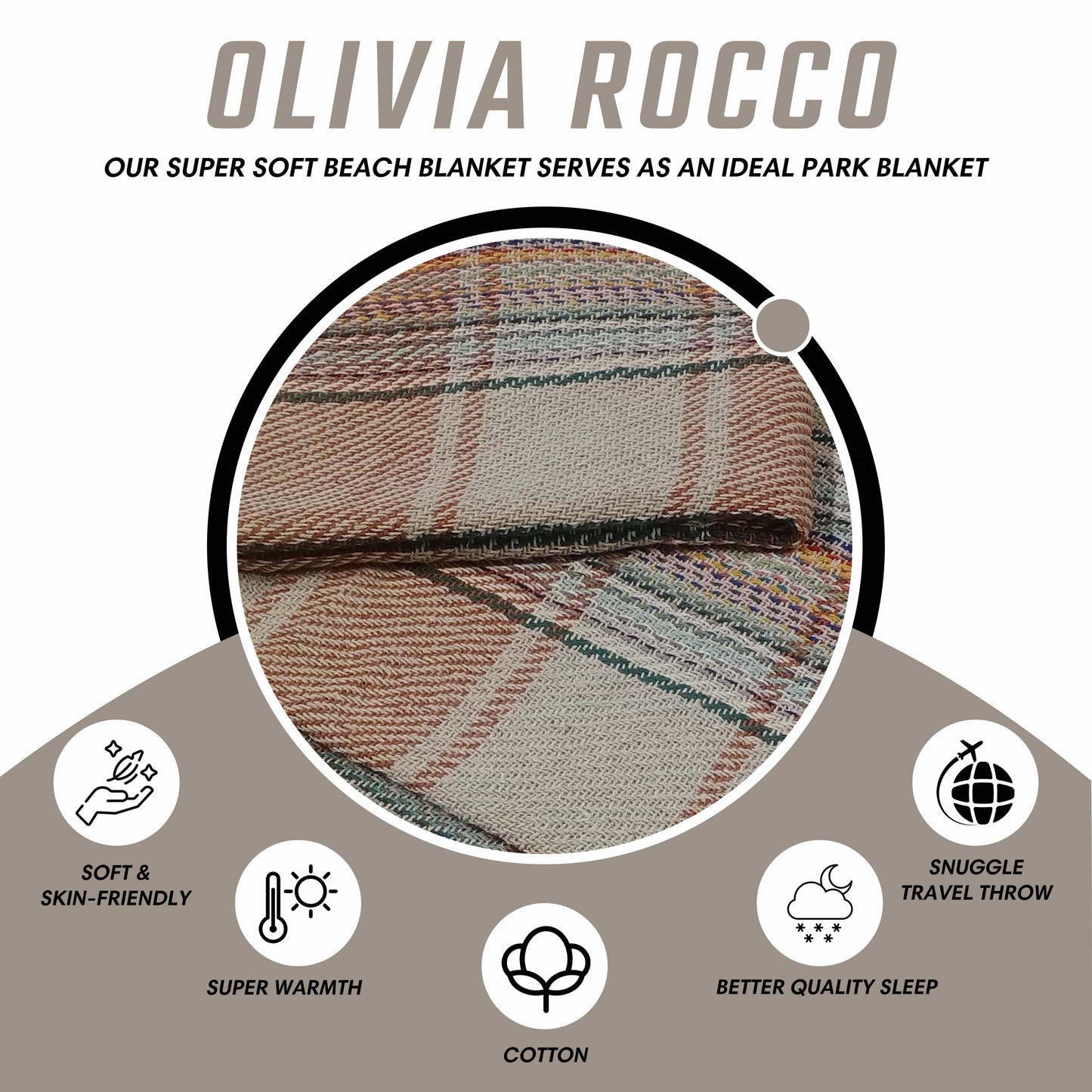 Eco-Friendly Recycled Cotton Picnic Blanket Check Stripe Design Super Soft Cozy Foldable and Packable for Beach Park Camping 130 x 150 cm by OLIVIA ROCCO