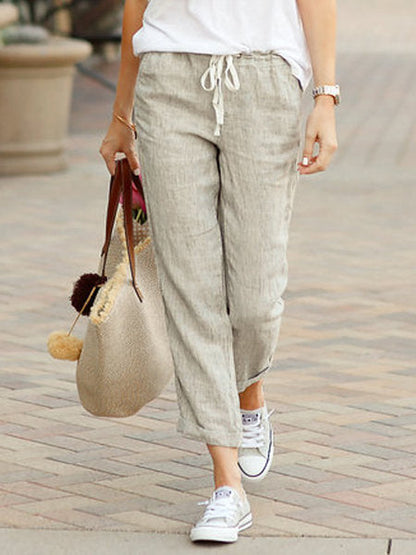 New Solid Color Loose Casual Drawstring Elastic Waist Cotton Linen Cropped Pants