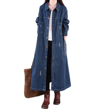 Loose Denim Trench Coat Retro Distressed Mid-length