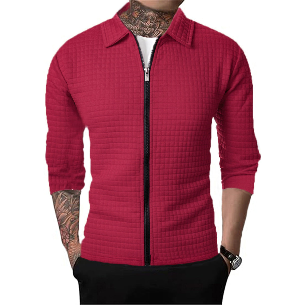 Men's Casual Long-sleeved Lapel Waffle Jacket Cardigan