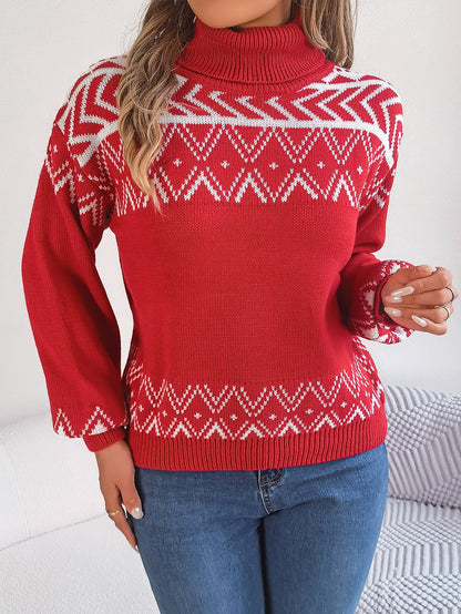 Women Ethnic Style Vintage Jacquard Lantern Sleeve Turtleneck Sweater