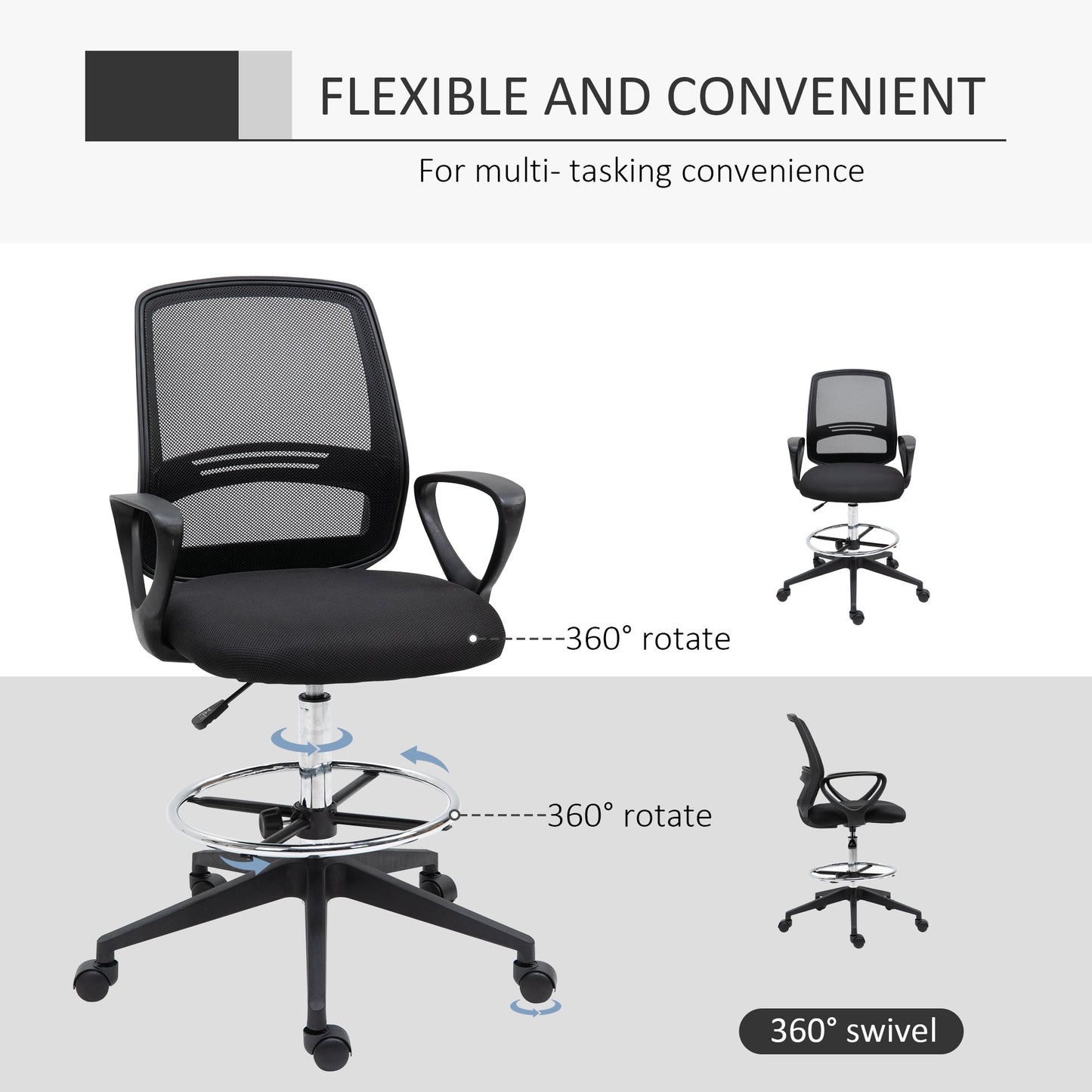 Vinsetto Ergonomic Mesh Back Drafting Chair, Tall Office Chair, Draughtsman Chair with Adjustable Height and Footrest 360\'c2\'b0 Swivel, Set of 5