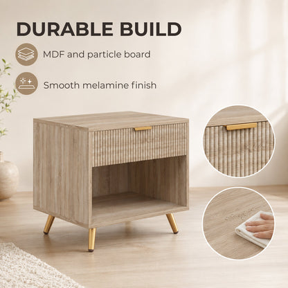 HOMCOM Bedside Table with Drawer and Open Compartment, Nightstand with Handle for Bedroom, Living Room, Natural Wood Finish