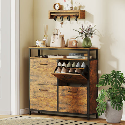 HOMCOM Shoe Storage Cabinet with 4 Flip Drawers and Open Shelf - Rustic Brown