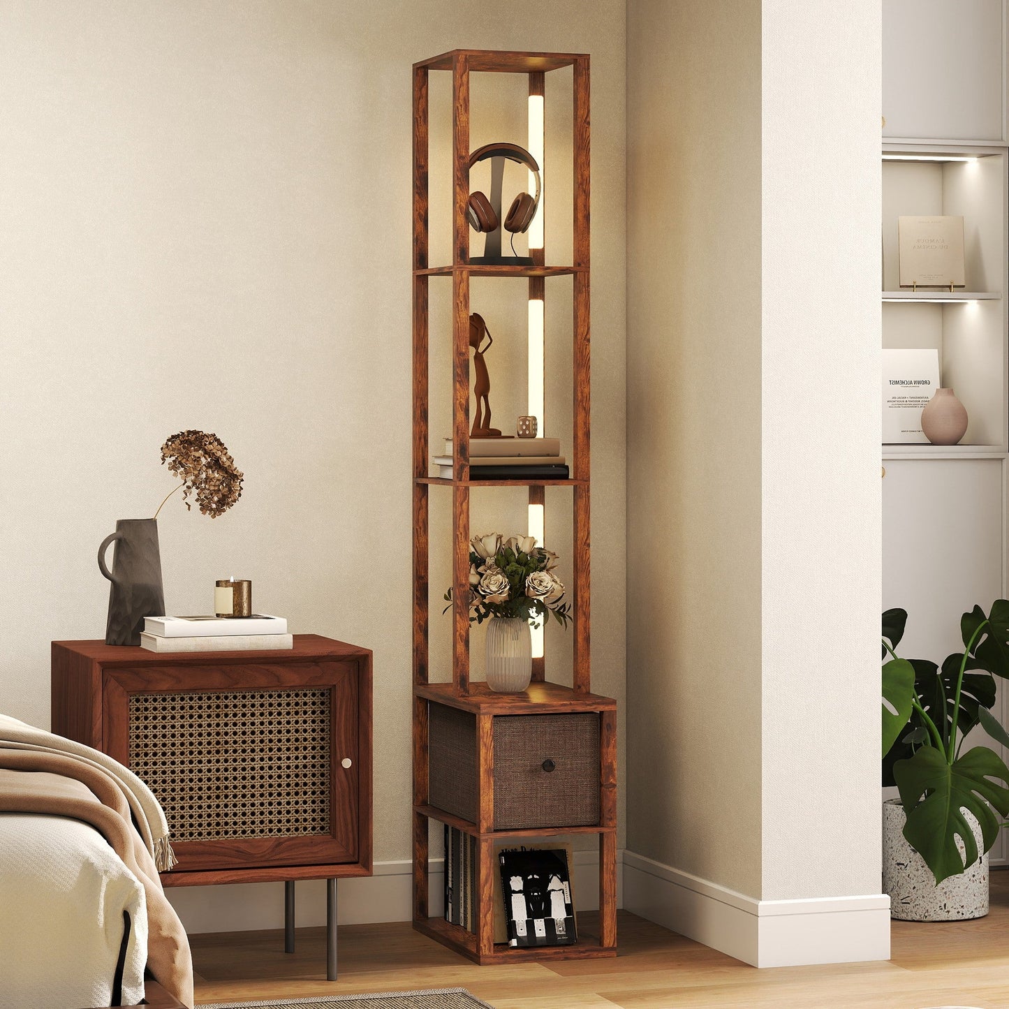 HOMCOM Floor Lamp with Shelves, LED Column Modern Standing Lamp with Fabric Drawer, Adjustable Brightness, Foot Switch for Living Room, Bedroom, Office, Rustic Brown