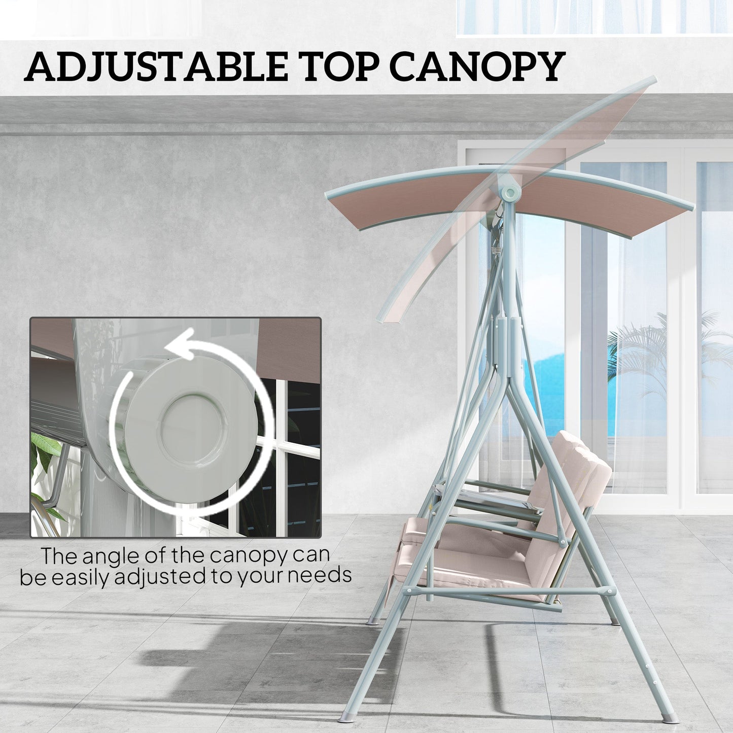 Outsunny 2 Seater Garden Swing Chair Patio Rocking Bench w/ Tilting Canopy, Double Padded Seats, Storage Bag and Tray, Beige