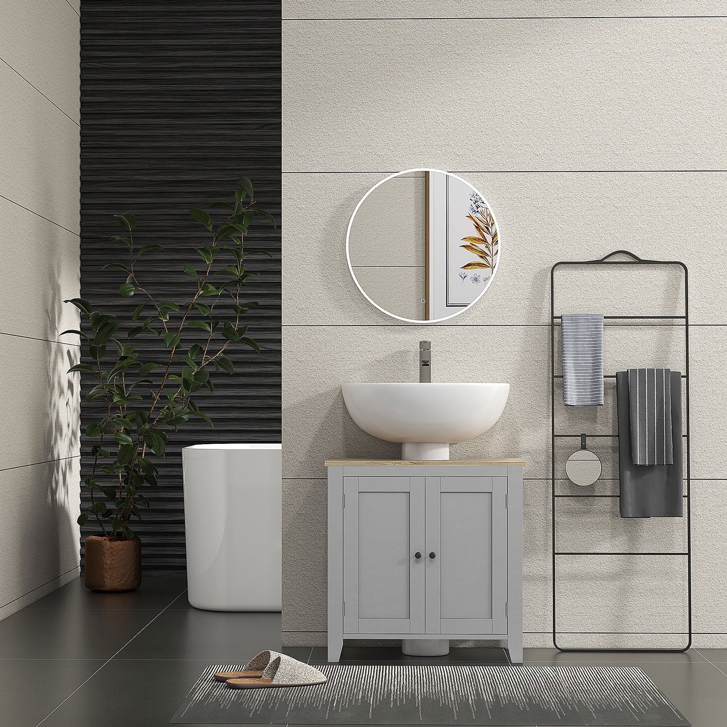 kleankin Under Sink Cabinet, Bathroom Sink Cabinet with 2 Doors, Pedestal Under Sink Design, Freestanding Bathroom Cupboard with Adjustable Shelf, Grey