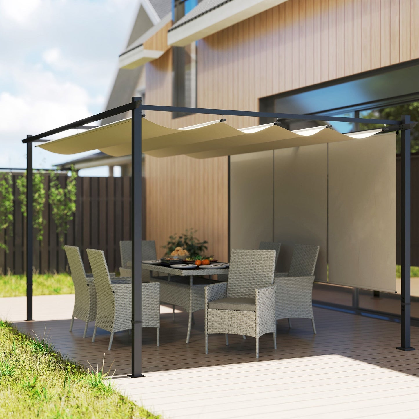 Outsunny 3 x 4m Metal Pergola with Retractable Roof and Roller Shade, Wall-Mounted or Free Standing Garden Gazebo Canopy Pergola Kit, UPF30+ Outdoor Sun Shade Shelter, Beige