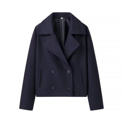 French Style Lapel Double Breasted Short Woolen Casual Loose Jacket Coat