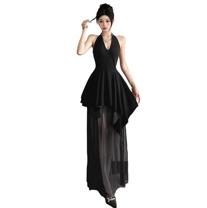 French Style V-neck Backless Girdle Mesh Stitching Design Dress Women