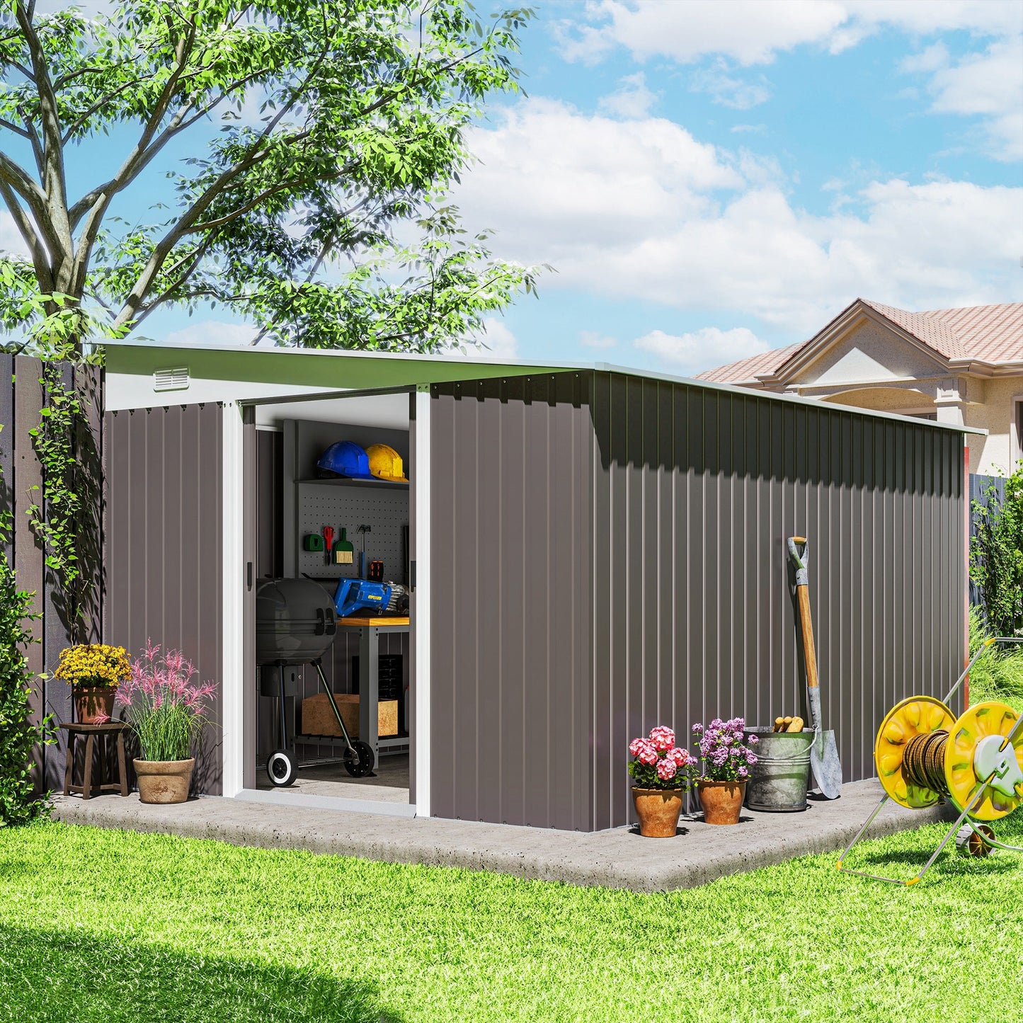 11.3 x 9.2ft Steel Garden Shed Metal Tool House Double Doors & 2 Air Vents, Grey