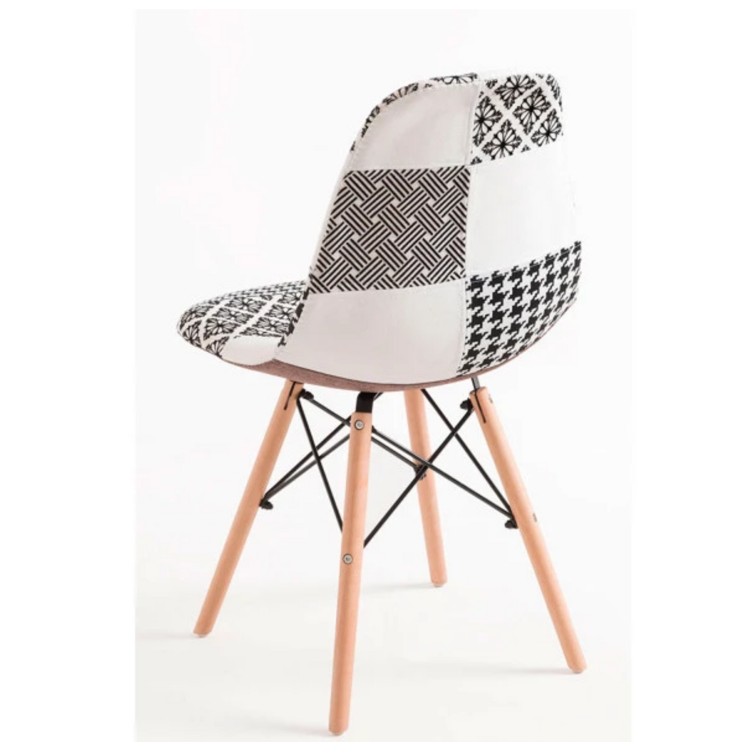 Black/White Patchwork Modern Dining Chair with Wooden Legs & Black Metal Wire Frame