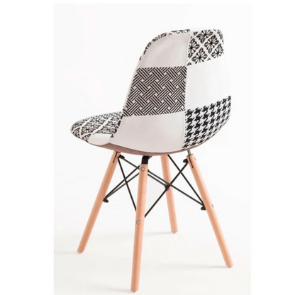 Black/White Patchwork Modern Dining Chair with Wooden Legs & Black Metal Wire Frame