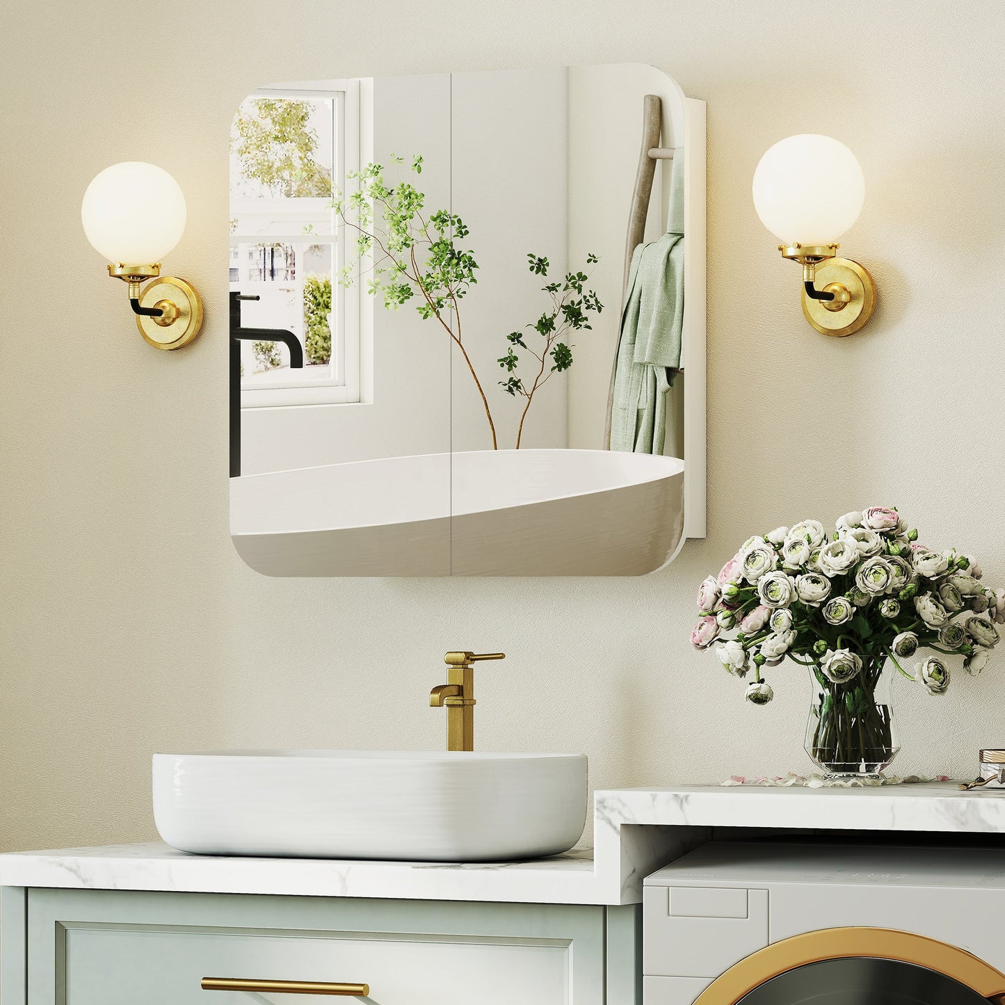 HOMCOM Arched Bathroom Mirror Cabinet with Adjustable Shelves - White