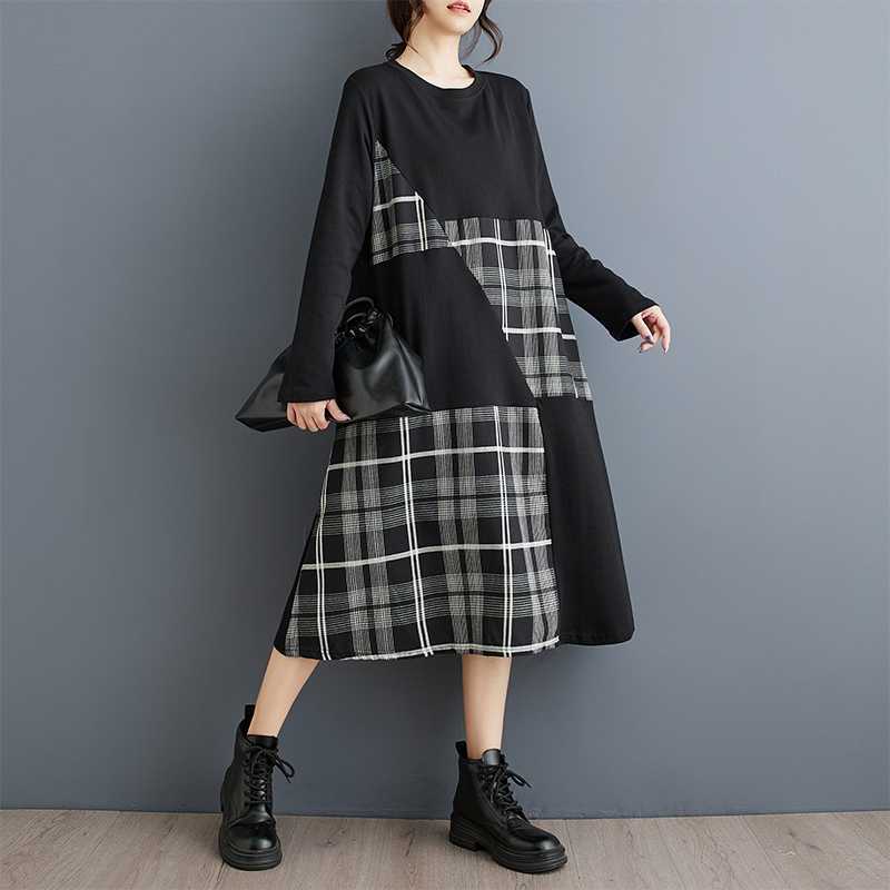 New Plaid Patchwork Loose-fitting Casual Dress