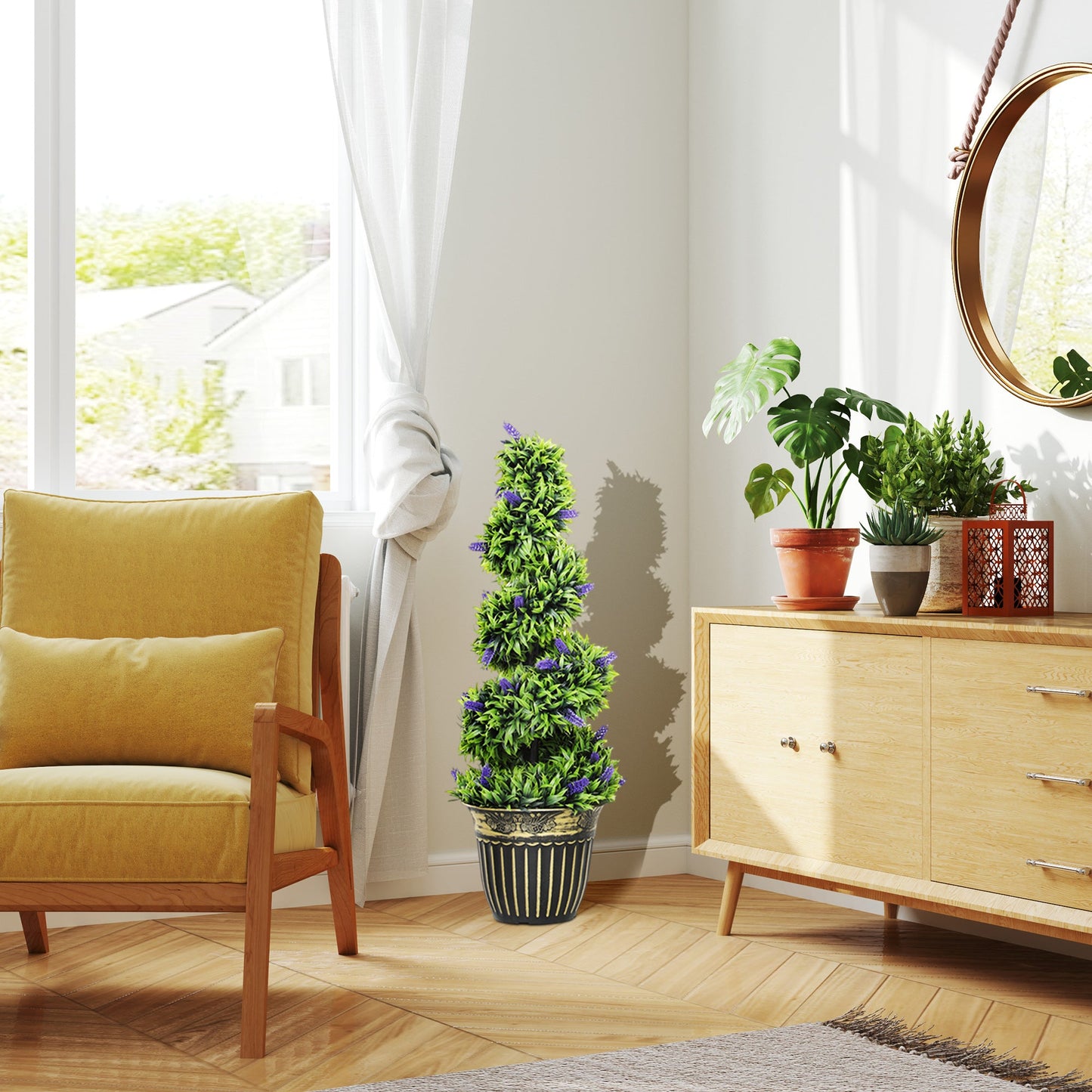HOMCOM Set of 2 Decorative Artificial Plants, Boxwood Spiral Topiary Tree with Lavender and Pot, Fake Plants for Home Indoor Outdoor Decor, 90cm