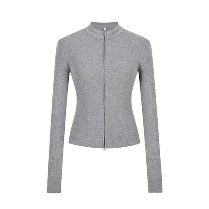 Stand-up Collar Slim-fit Waist-cinching Cardigan Top