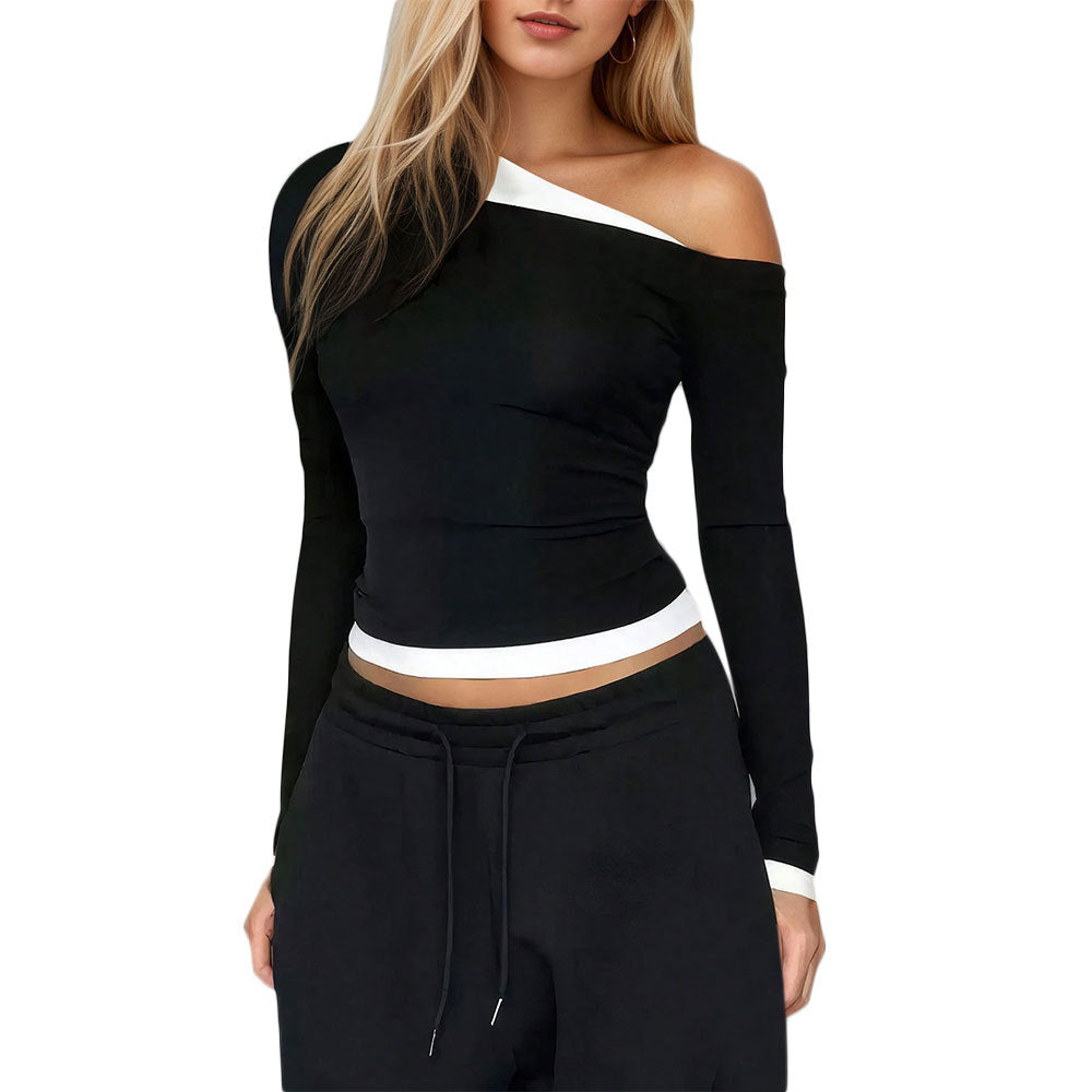 Women's American-style Contrast Color Shoulder Long-sleeved Top