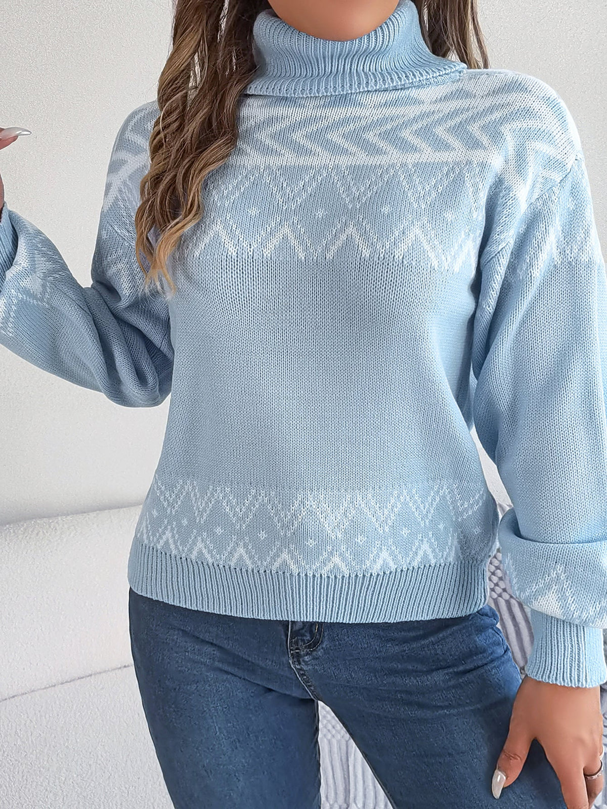 Women Ethnic Style Vintage Jacquard Lantern Sleeve Turtleneck Sweater