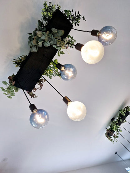Wooden Chandelier with Black Canopy | Rustic Kitchen Island Lighting UK