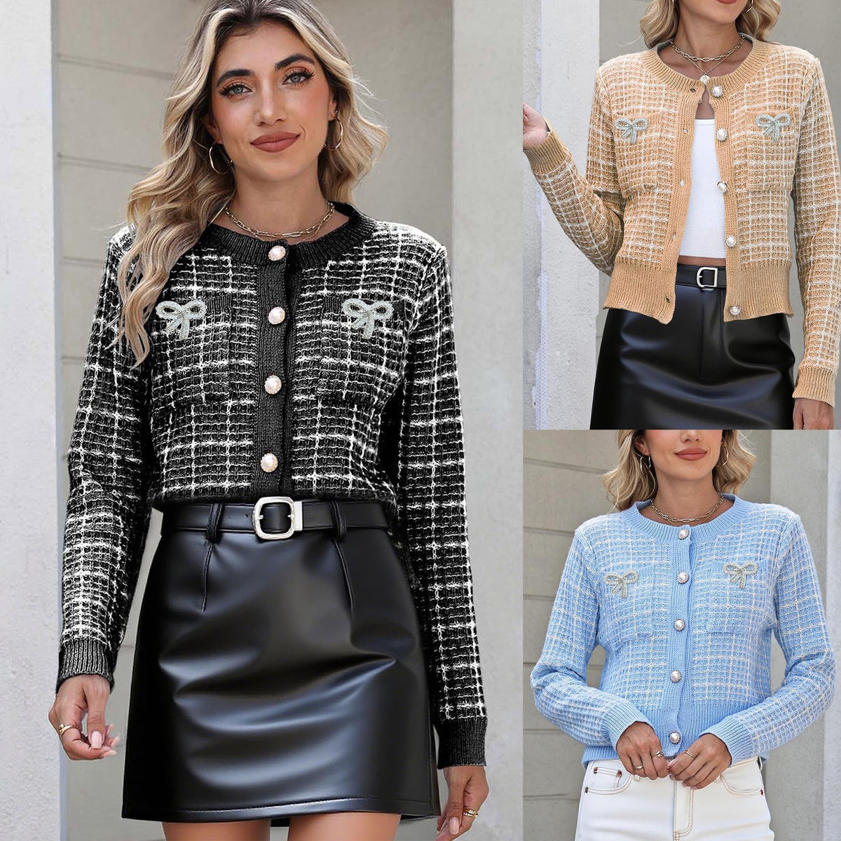 Women's Plaid Bright Brick Bow Pearl Buckle Fashion Sweater