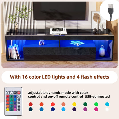 High Gloss TV Stand with 2 Drawers,glass tabletop,TV Cabinet Storage Sideboard with LED lights,open storage,Holds TVs up to 80"