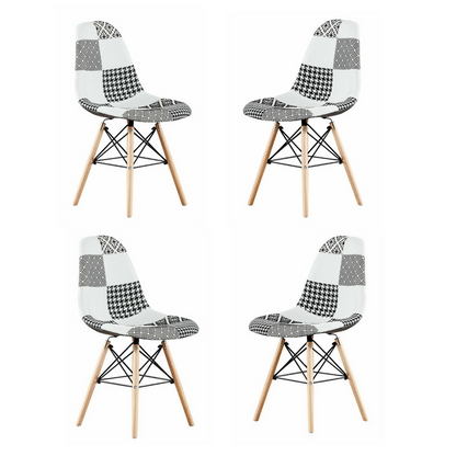 Black/White Patchwork Modern Dining Chair with Wooden Legs & Black Metal Wire Frame