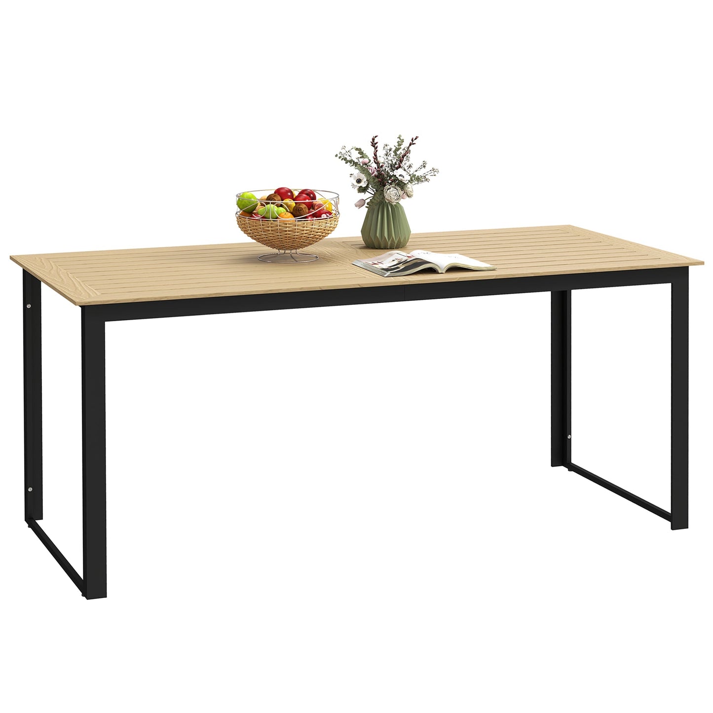 Outsunny Garden Dining Table, 175 x 78 x 75 cm Rectangle Outdoor Table for 6 People with Slatted Table Top, Metal Frame, for Balcony, Deck, Teak