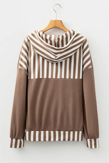 Straw Yellow Waffle Texture Striped Patchwork Button Neck Drawstring Hoodie