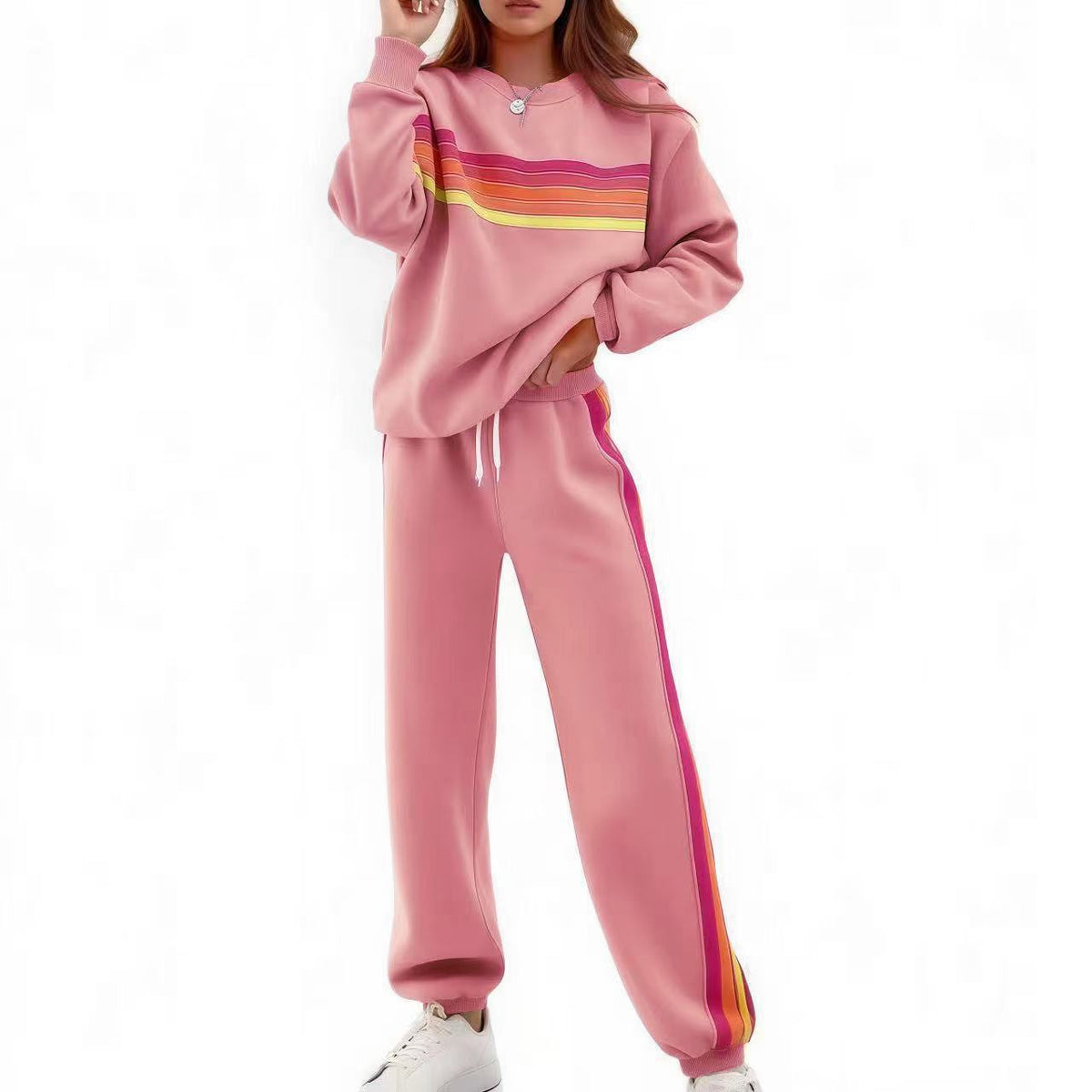 Round Neck Loose Color Stripes Elastic Waist Pants Sweater Suit