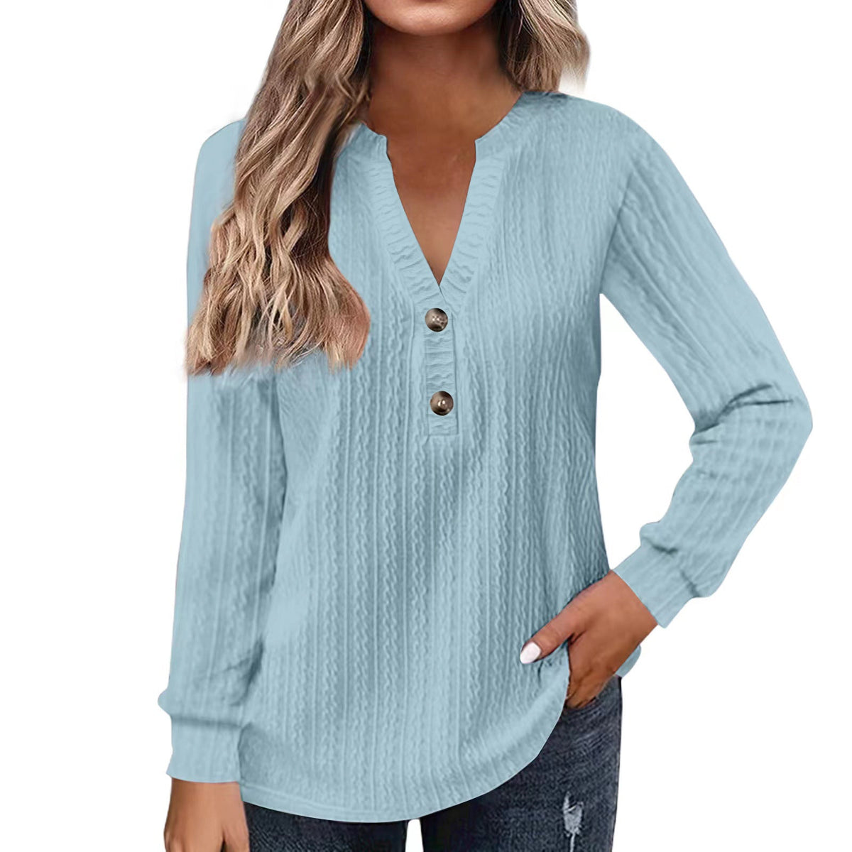 Women's Solid-color Long-sleeve V-neck Button T-shirt Top