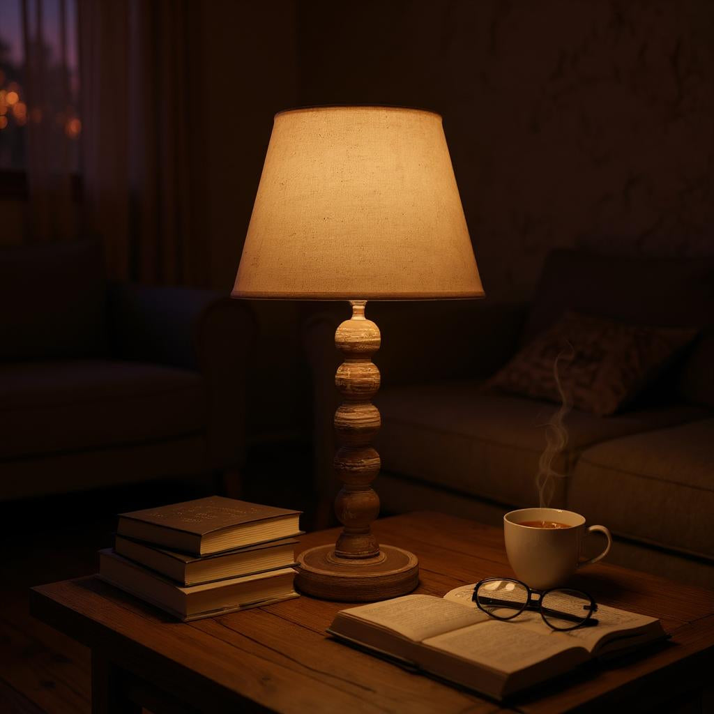 AcaciaHome Modern Tall Wooden Washed Table Lamp - Traditional Shabby Chic Design with Taupe Linen Shade, Wood Effect Finish for Living Rooms, Bedrooms, or Hallways Decor (42cm Dark Grey with Shade)