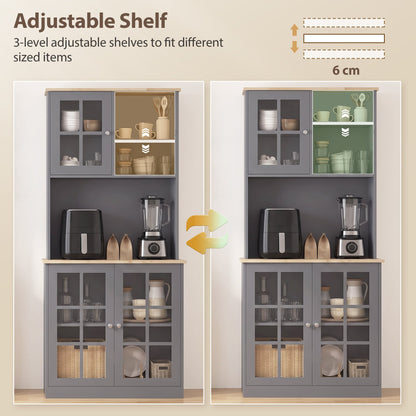 HOMCOM Kitchen Pantry, Buffet Hutch with 3 Storage Cabinets, 2 Open Shelves and Large Countertop for Kitchen, Grey