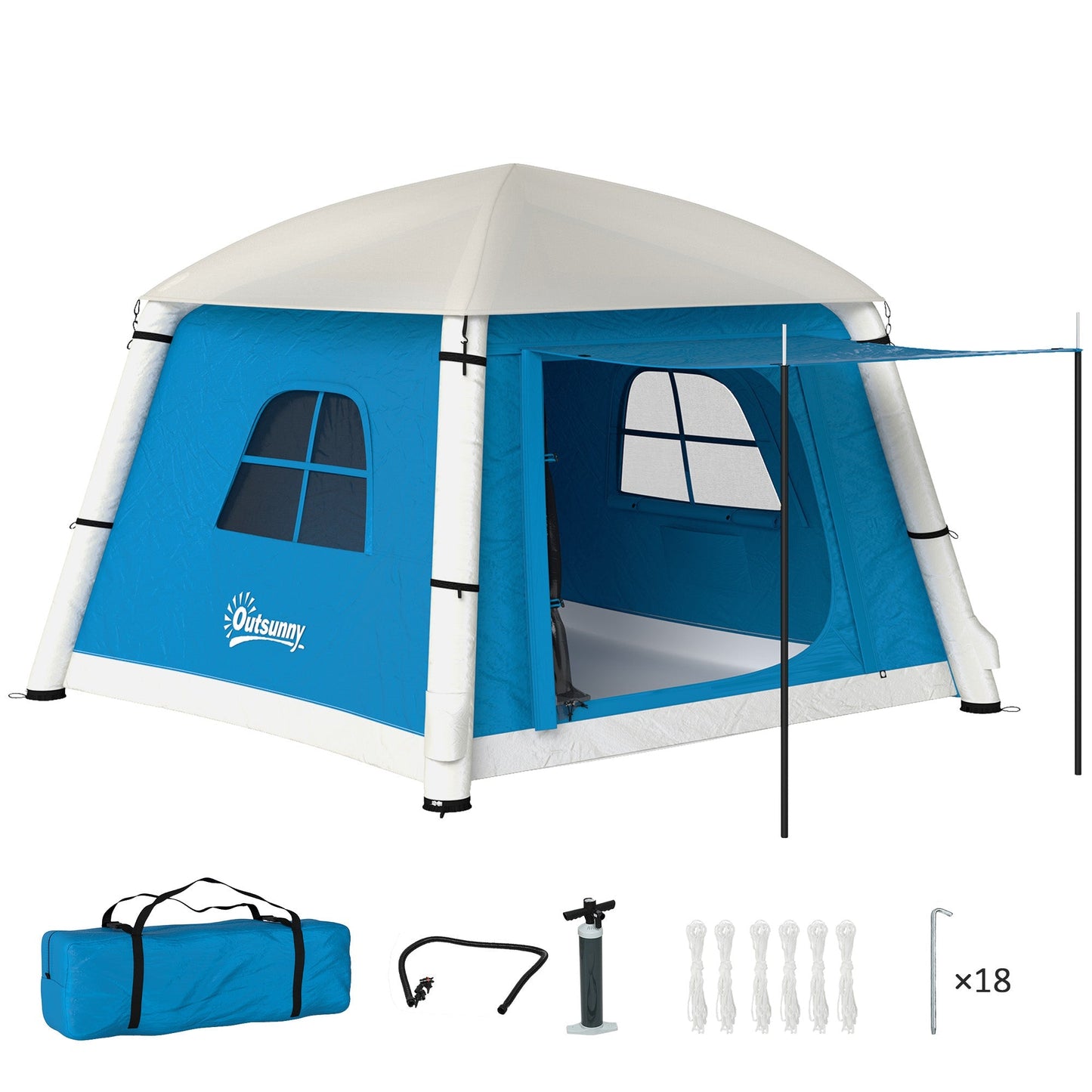 Outsunny Inflatable Camping Tent w/ Hand Pump, Easy Setup 1/2 Person Blow Up Tent Waterproof 190T Taffeta w/ Mesh Windows, Doors and Carry Bag, Light Blue