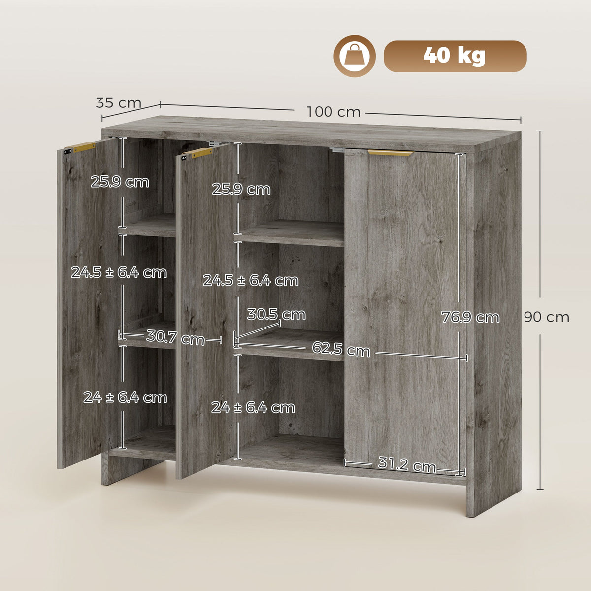 HOMCOM Sideboard Cabinet, Modern Storage Cabinet with 3 Doors and Adjustable Shelves for Living Room, Dining Room, Grey