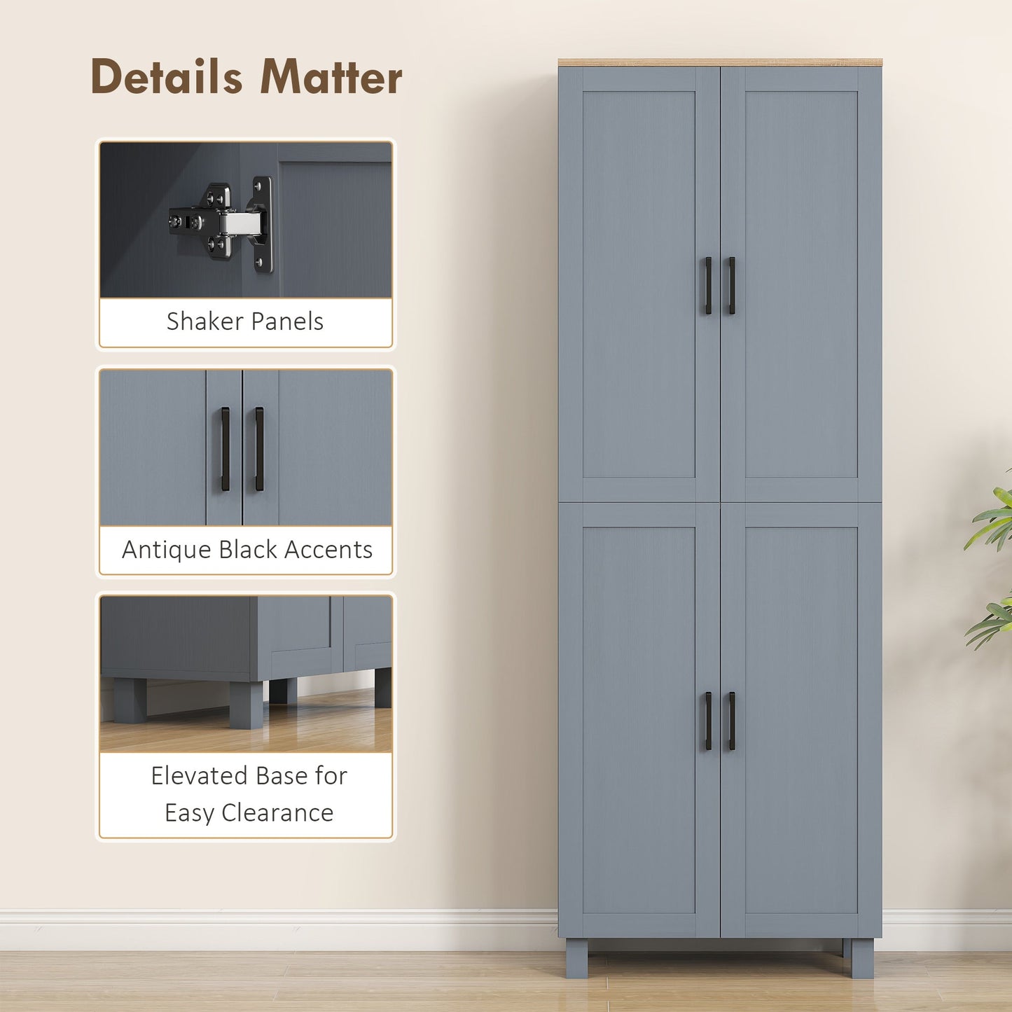 HOMCOM Freestanding Kitchen Cupboard, 4-Door Storage Cabinet with Adjustable Shelves, Modern Kitchen Pantry for Dining Room, 170cm, Grey Wood Effect