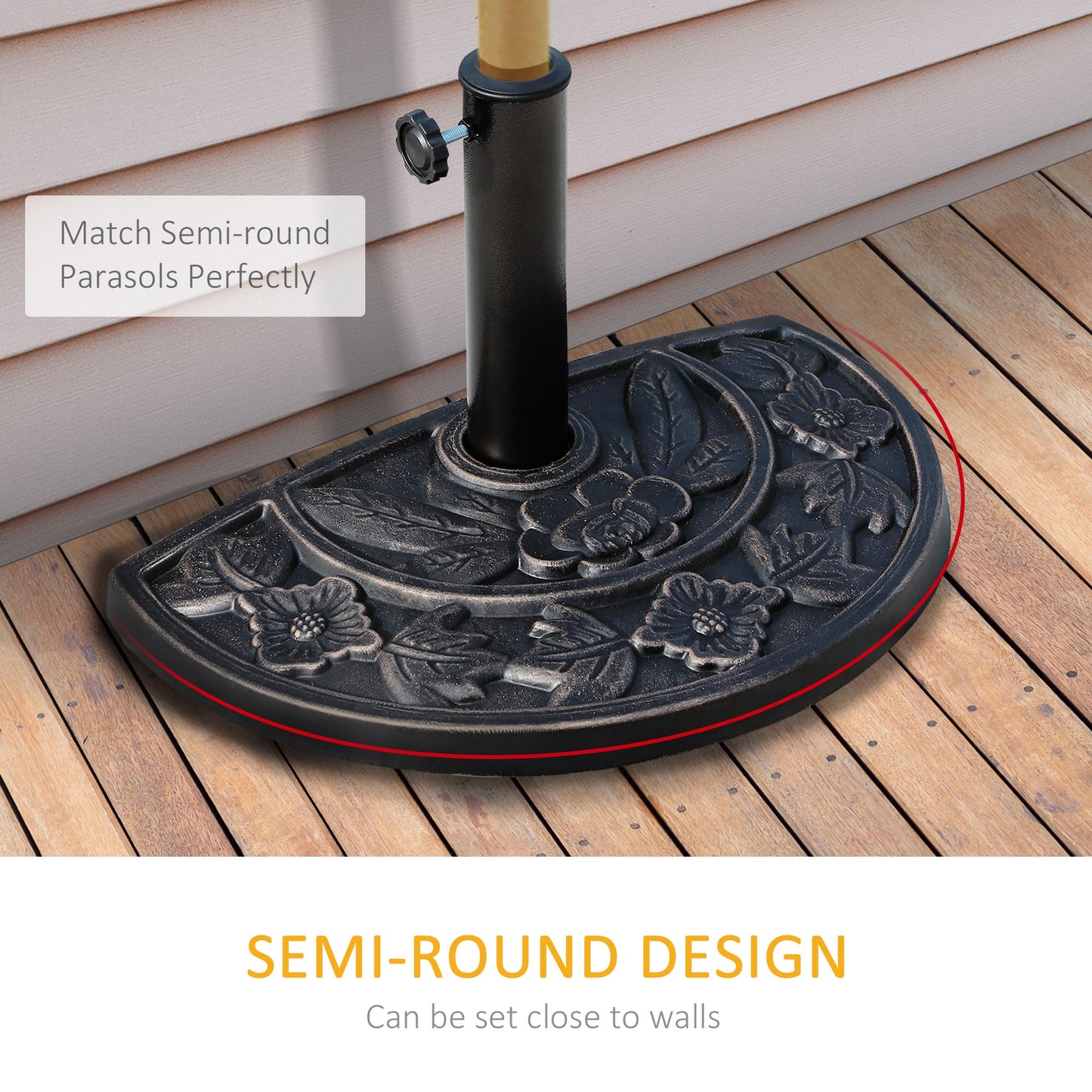 Outsunny 9kg Resin Parasol Base, Half Round Umbrella Stand with Floral Design for Garden, Outdoor, Suitable Umbrella Rod: Φ3.8cm, Φ4.8cm, Bronze Tone
