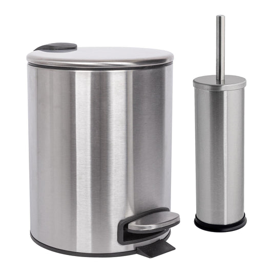 2pc 5L Round Brushed Stainless Steel Pedal Bin & Toilet Brush Set
