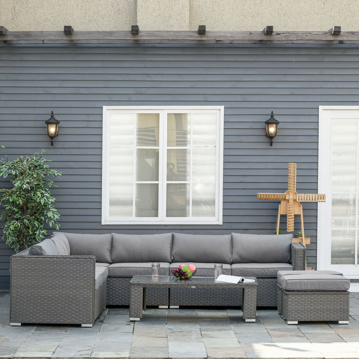 6 PCs PE Rattan Wicker Corner Sofa Set Coffee Table Footstool w/ Cushion - Grey