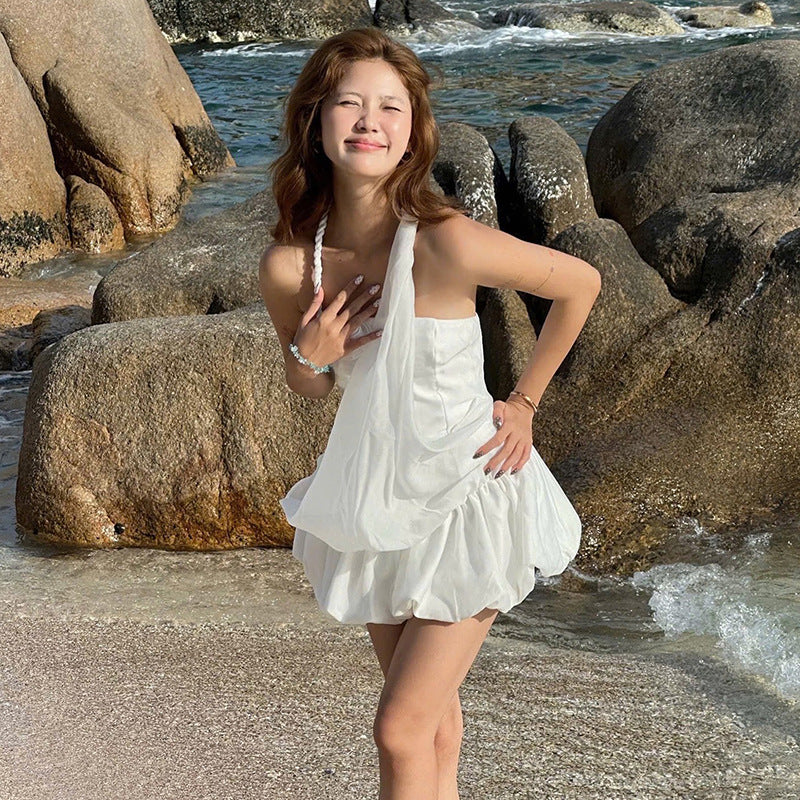 New Women's Solid Color Loose Casual White Strap Dress