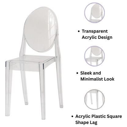 Modern and Contemporary Ghost Clear Plastic Dining Chair – Sleek and Minimalist Look, Transparent Acrylic Design for Dining Rooms, Kitchens, Offices, or Indoor and Outdoor Use