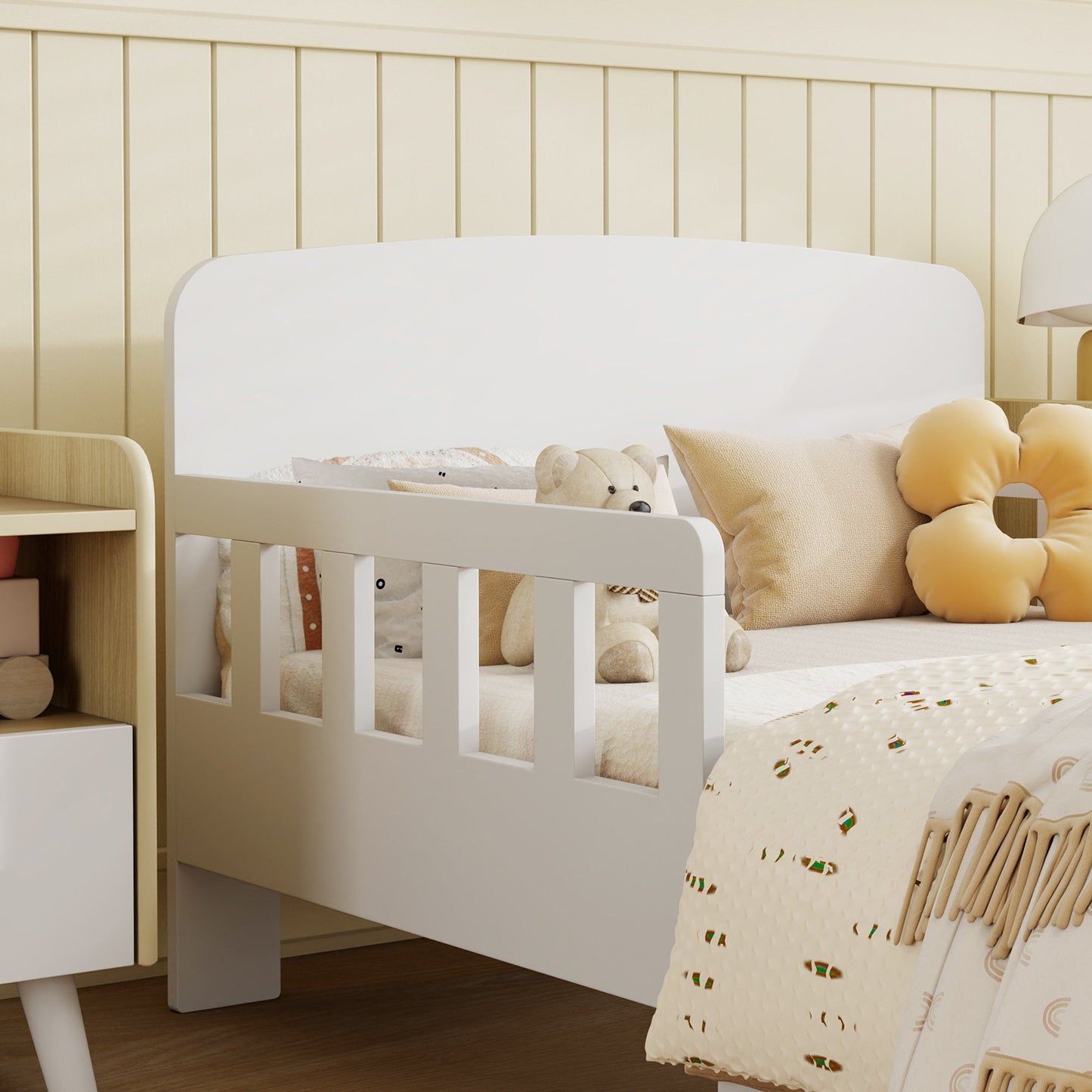 AIYAPLAY Toddler Bed, Kids Bed Frame with Safety Side Rails, Kids Bedroom Furniture for Ages 3-8 Years, White