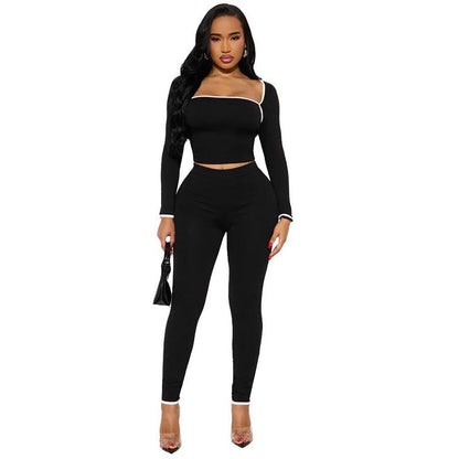 Stitching Color-contrasting Stripe Long Sleeve Top Slim Trousers Suit