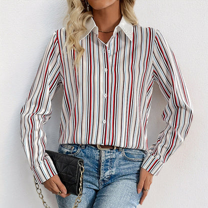 Lapel Color Vertical Striped Shirt For Women