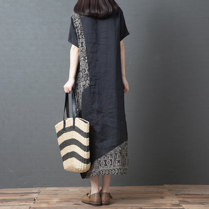 Patchwork Printed Cotton And Linen Crew-neck Short-sleeve Dress