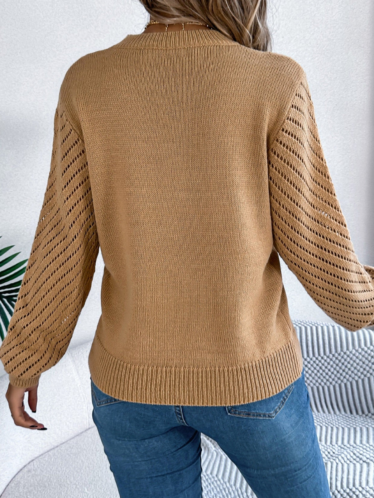 Women Casual Solid Color Crew Neck Hollow Out Lantern Sleeve Sweater