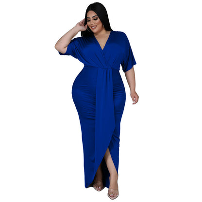 Women's Fashion Plus-Size Irregular Long-Sleeve V-Neck Dress