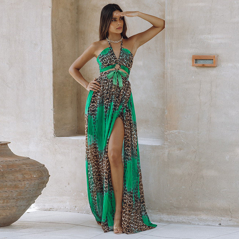 Leopard Print Backless Dress Bohemian Women
